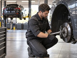 Mechaniker arbeitet mit Werkzeug an der Radnabe eines Kundenfahrzeugs in der Werkstatt des Autohauses Hanstedt @  @ Autohaus Hanstedt